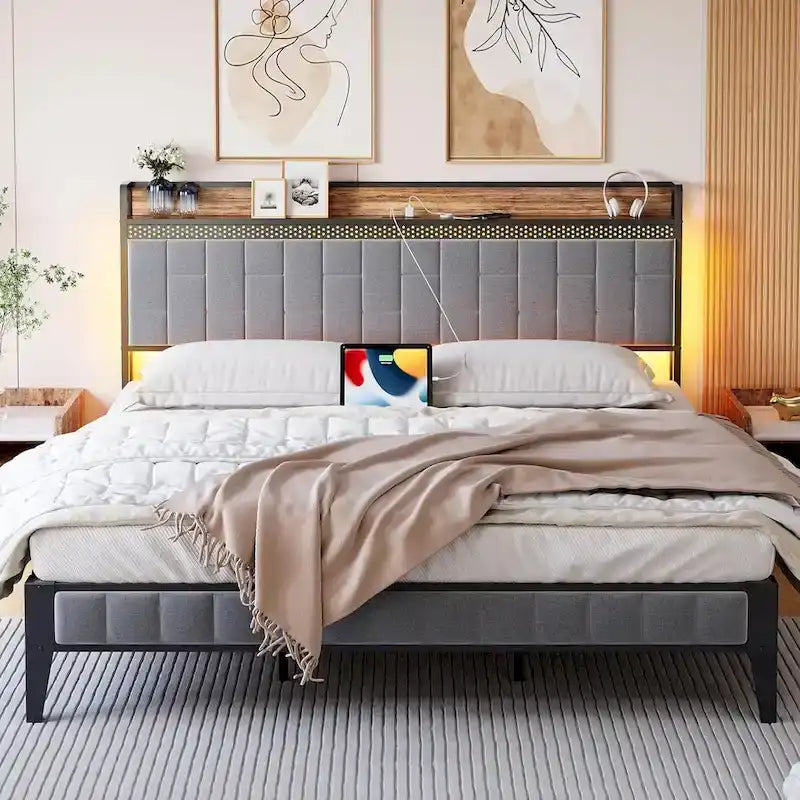 Bed Frame with LED Light and Storage Headboard