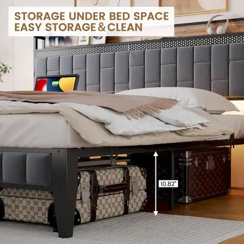 Bed Frame with LED Light and Storage Headboard
