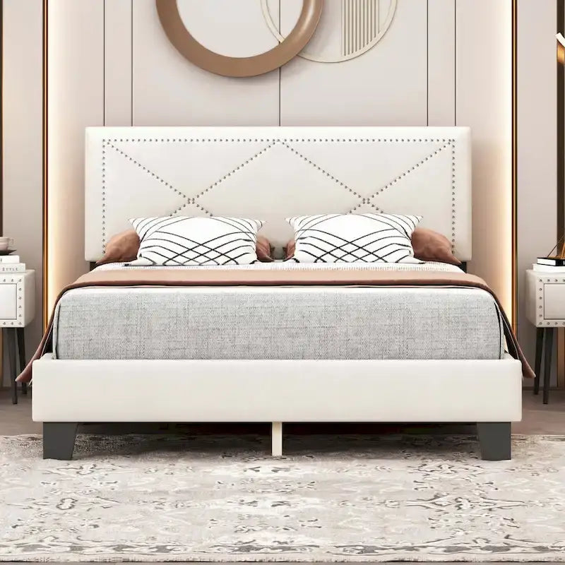 Simple Queen Size Upholstered Bed Frame with Rivet Design, Modern Velvet Platform Bed with headboard