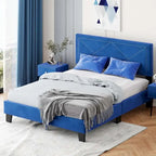 Simple Queen Size Upholstered Bed Frame with Rivet Design, Modern Velvet Platform Bed with headboard