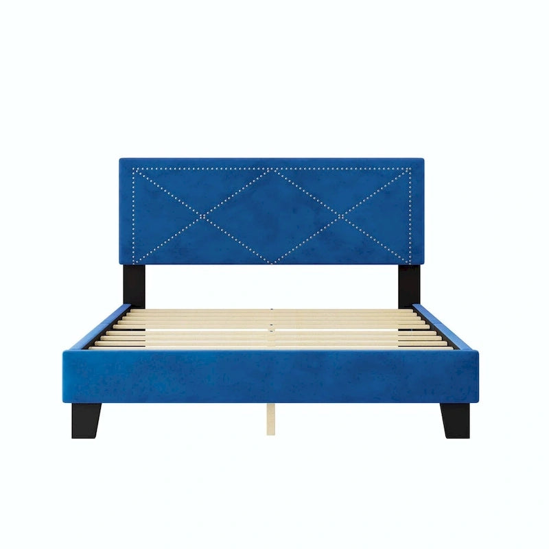 Simple Queen Size Upholstered Bed Frame with Rivet Design, Modern Velvet Platform Bed with headboard