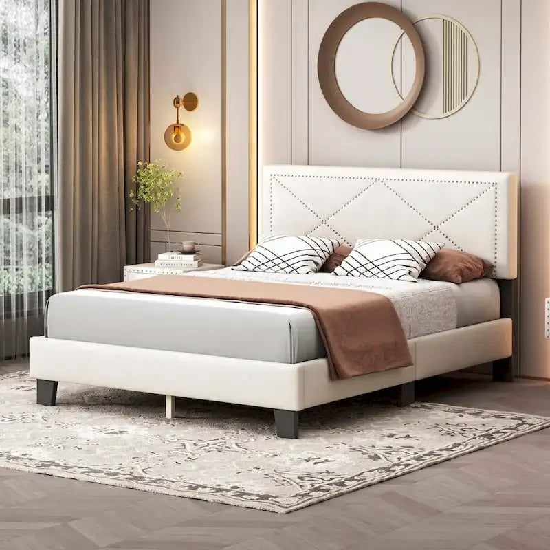 Simple Queen Size Upholstered Bed Frame with Rivet Design, Modern Velvet Platform Bed with headboard