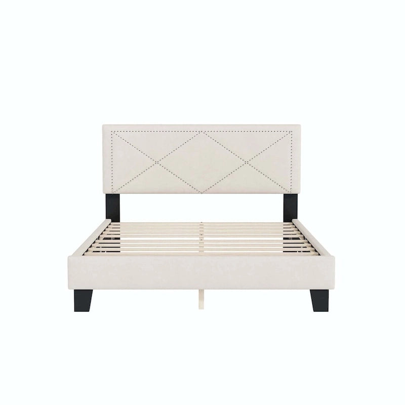 Simple Queen Size Upholstered Bed Frame with Rivet Design, Modern Velvet Platform Bed with headboard