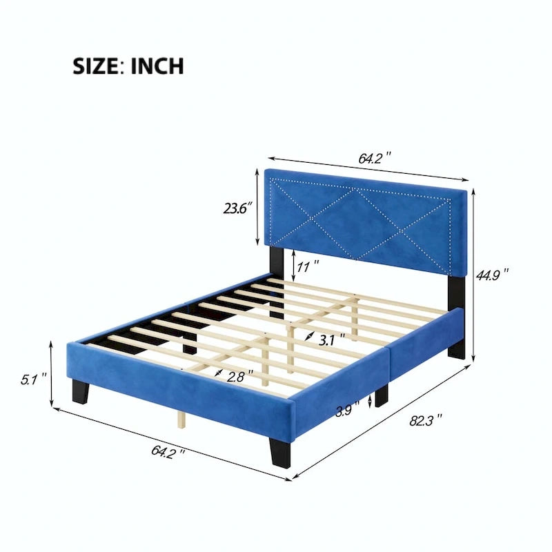 Simple Queen Size Upholstered Bed Frame with Rivet Design, Modern Velvet Platform Bed with headboard