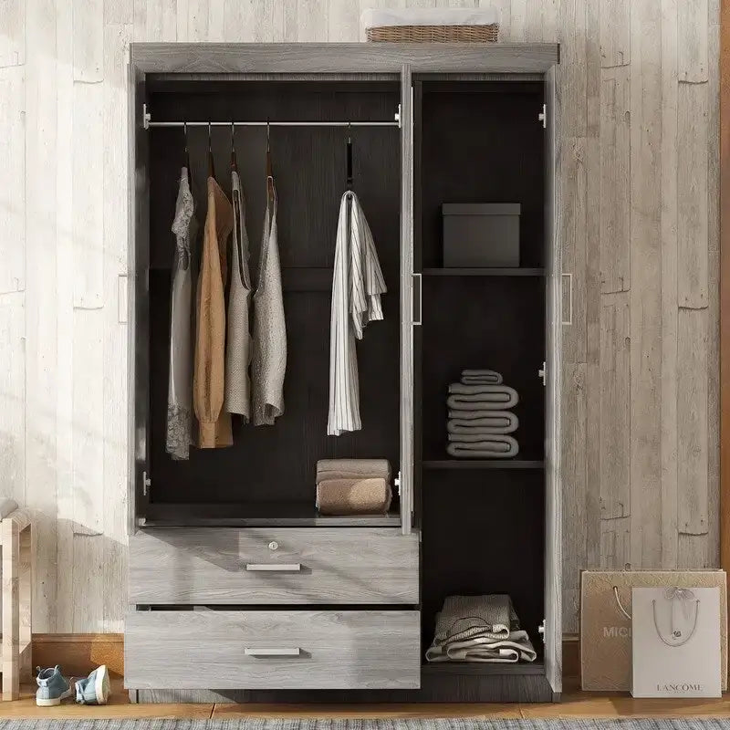3-Door Mirror Wardrobe with Shelves and 2 Drawers
