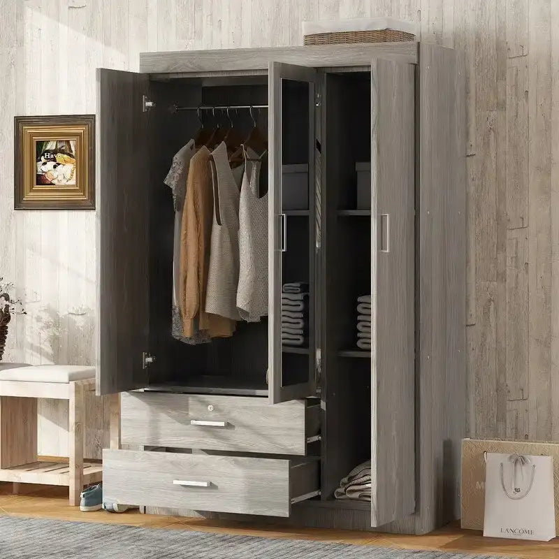 3-Door Mirror Wardrobe with Shelves and 2 Drawers
