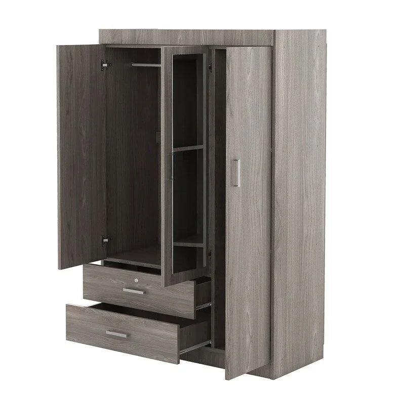 3-Door Mirror Wardrobe with Shelves and 2 Drawers