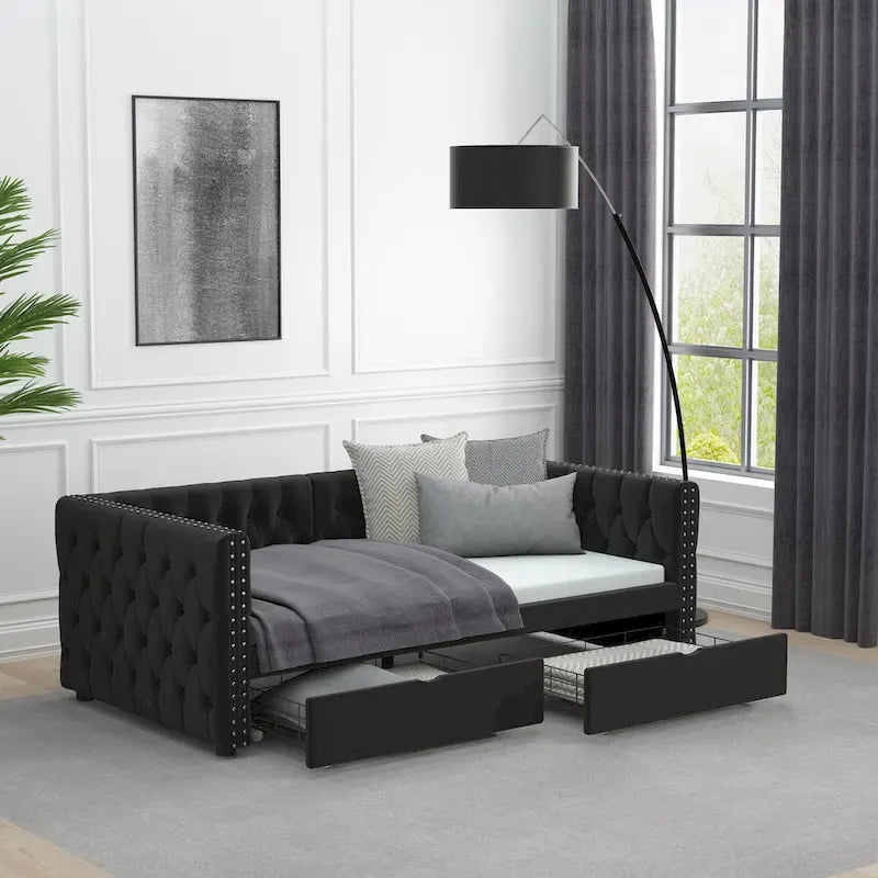 Twin Size Daybed with Drawers Upholstered Tufted Sofa Bed