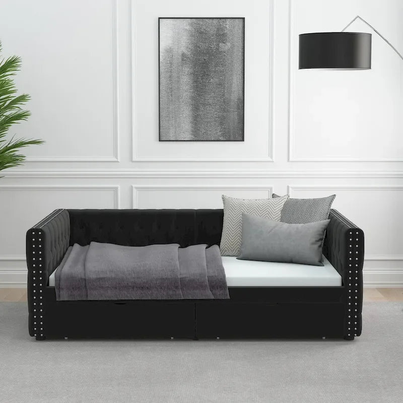 Twin Size Daybed with Drawers Upholstered Tufted Sofa Bed