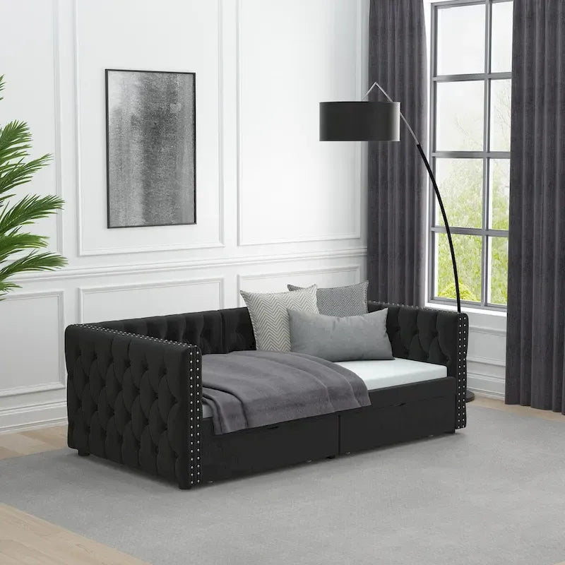 Twin Size Daybed with Drawers Upholstered Tufted Sofa Bed