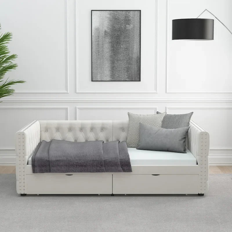 Twin Size Daybed with Drawers Upholstered Tufted Sofa Bed