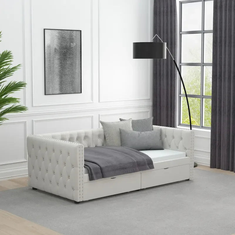 Twin Size Daybed with Drawers Upholstered Tufted Sofa Bed