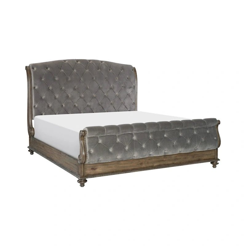 Traditional Bedroom Set 3pc Button-Tufted Formal Bed and Two Nightstands