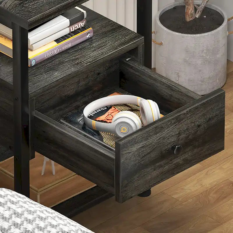 Set of 2 Nightstand with Charge Station and LED Light, End Table with Drawers