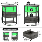 Set of 2 Nightstand with Charge Station and LED Light, End Table with Drawers