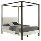 Rey Queen Size Canopy Bed, Padded Headboard, 4 Post Frame, Ivory Upholstery