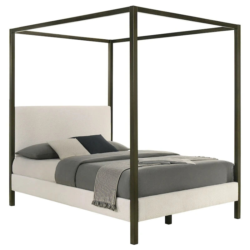 Rey Queen Size Canopy Bed, Padded Headboard, 4 Post Frame, Ivory Upholstery