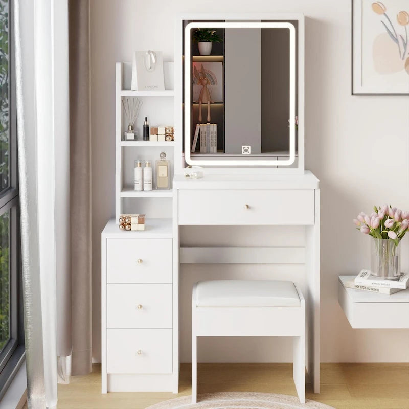 Left Bedside Cabinet Makeup Vanity Table Set with Stool and LED Mirror