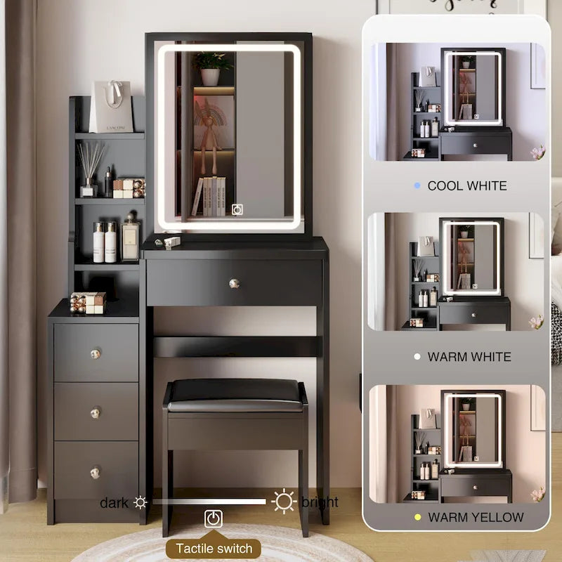 Left Bedside Cabinet Makeup Vanity Table Set with Stool and LED Mirror