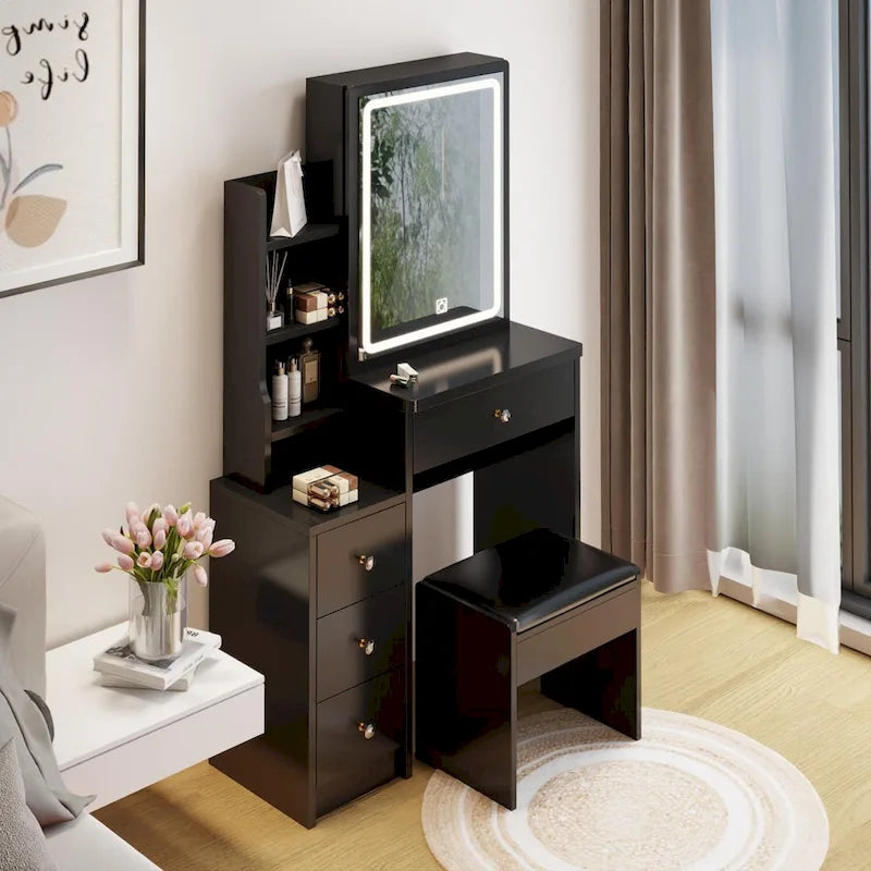 Left Bedside Cabinet Makeup Vanity Table Set with Stool and LED Mirror