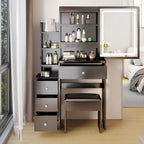 Left Bedside Cabinet Makeup Vanity Table Set with Stool and LED Mirror