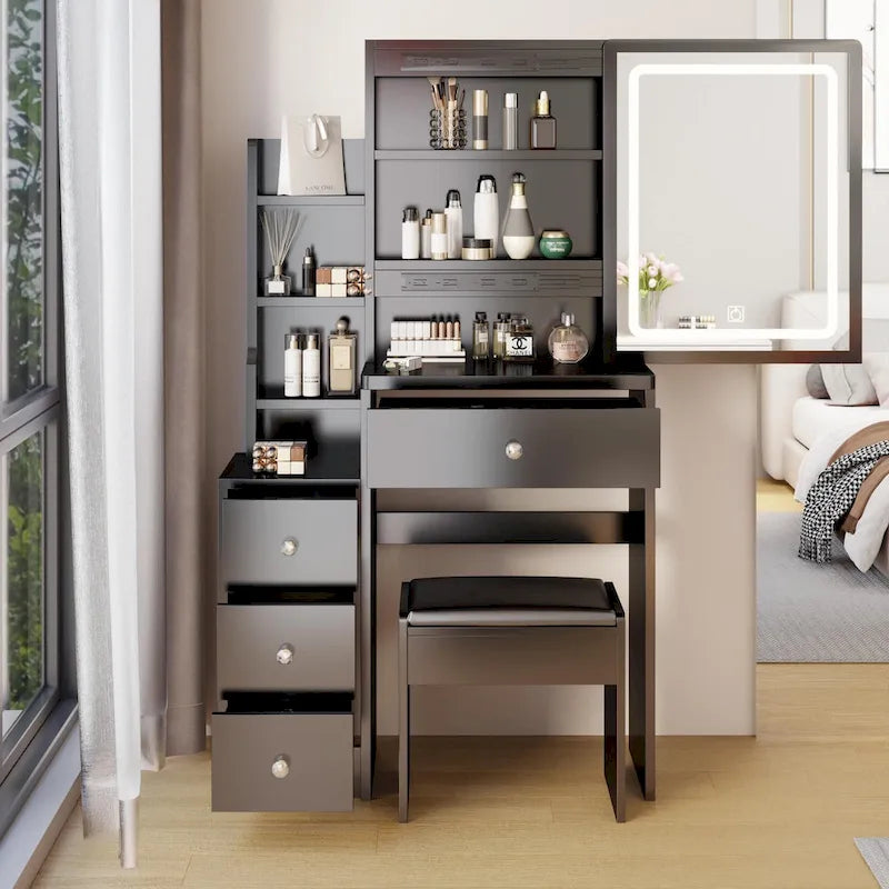 Left Bedside Cabinet Makeup Vanity Table Set with Stool and LED Mirror
