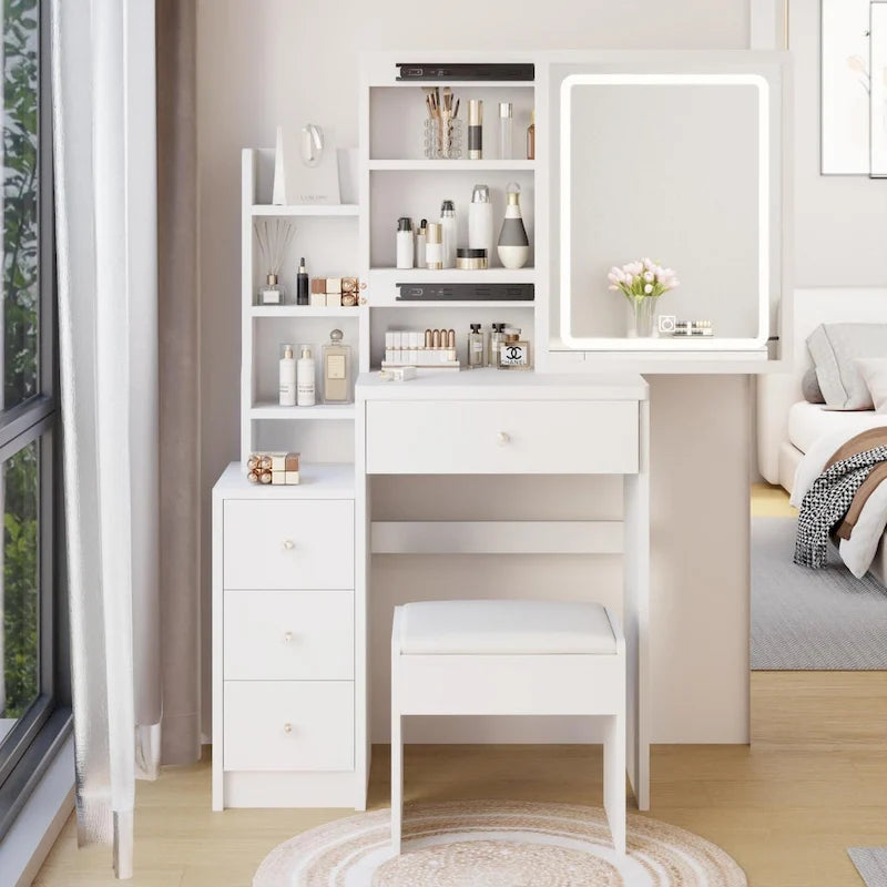 Left Bedside Cabinet Makeup Vanity Table Set with Stool and LED Mirror