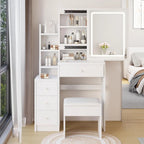 Left Bedside Cabinet Makeup Vanity Table Set with Stool and LED Mirror