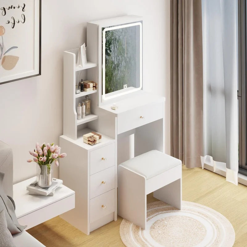 Left Bedside Cabinet Makeup Vanity Table Set with Stool and LED Mirror