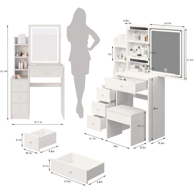 Left Bedside Cabinet Makeup Vanity Table Set with Stool and LED Mirror