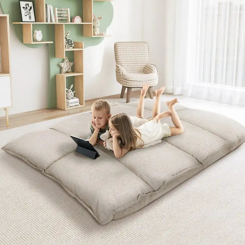 Modern Lazy Sofa Bed Beige Folding Futon for Kids or Home
