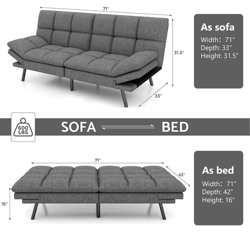 Memory Foam Futon Couch Bed Convertible Sofa with Adjustable Splitback for Compact Living Space