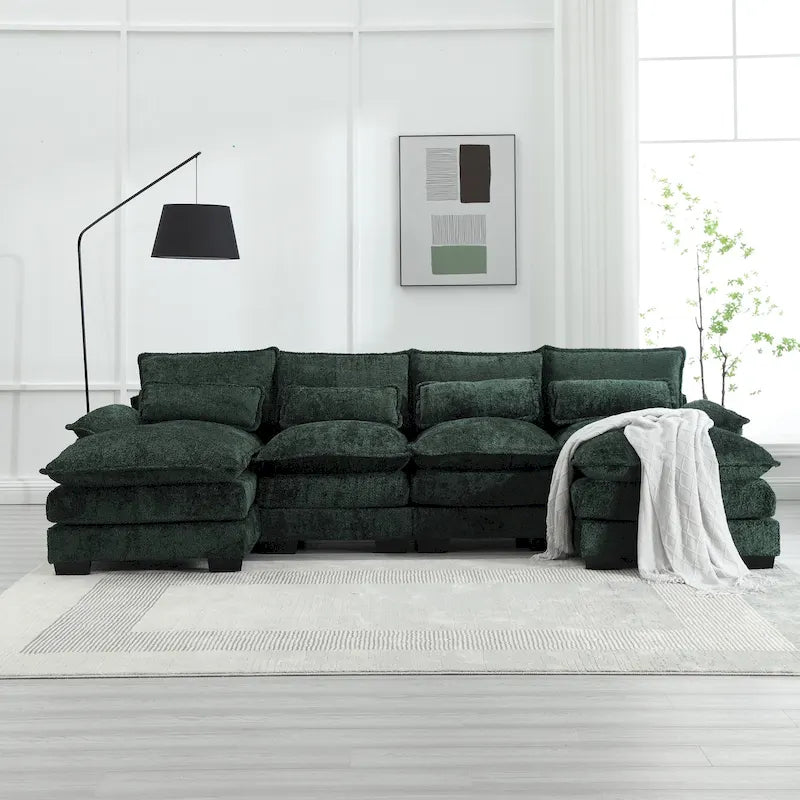 Modern Large chenille Fabric U-Shape Sectional Sofa with Ottomans, Reversible Sofa Couch for Living Room