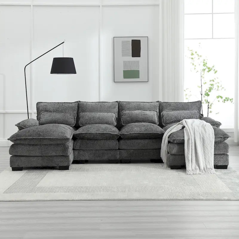 Modern Large chenille Fabric U-Shape Sectional Sofa with Ottomans, Reversible Sofa Couch for Living Room