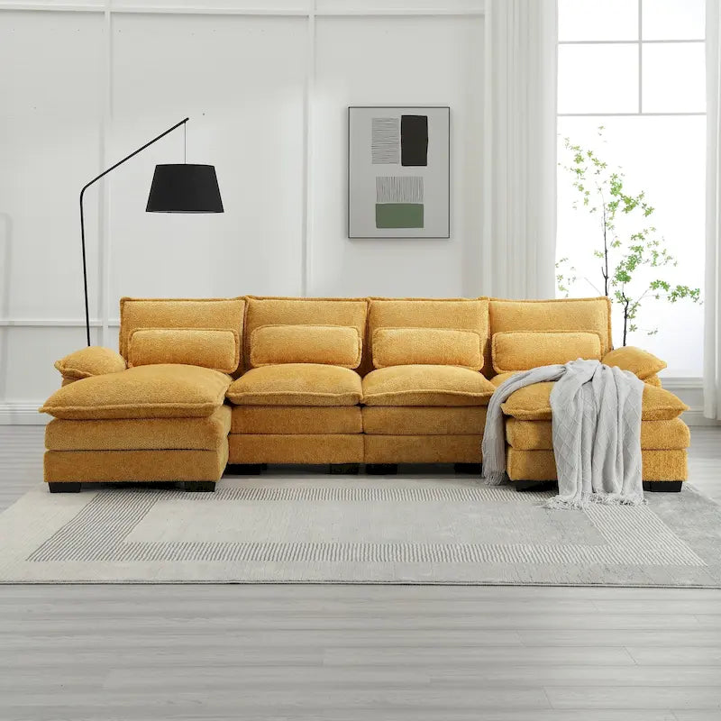 Modern Large chenille Fabric U-Shape Sectional Sofa with Ottomans, Reversible Sofa Couch for Living Room