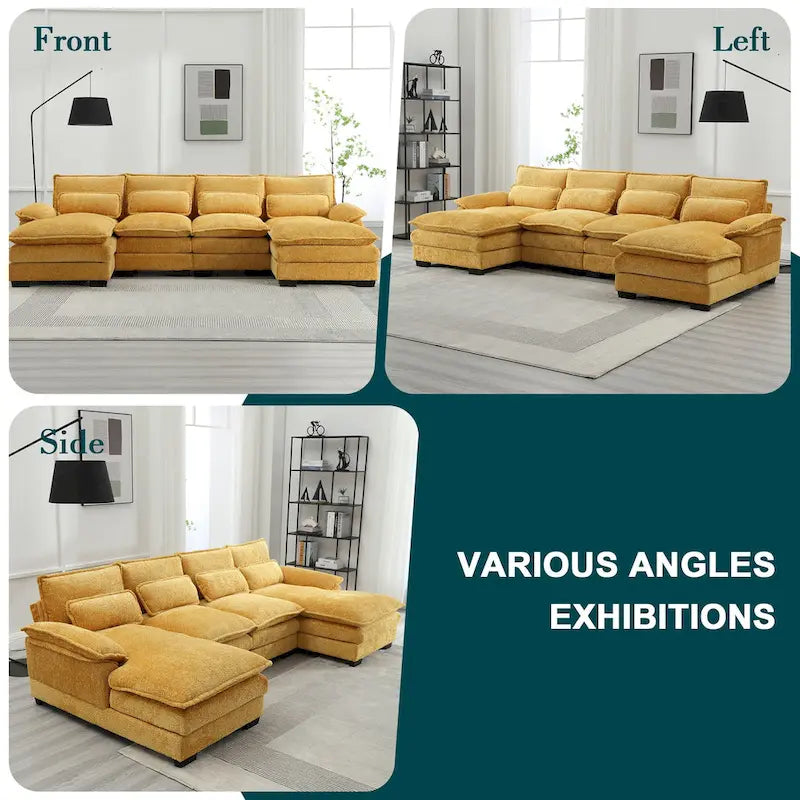 Modern Large chenille Fabric U-Shape Sectional Sofa with Ottomans, Reversible Sofa Couch for Living Room