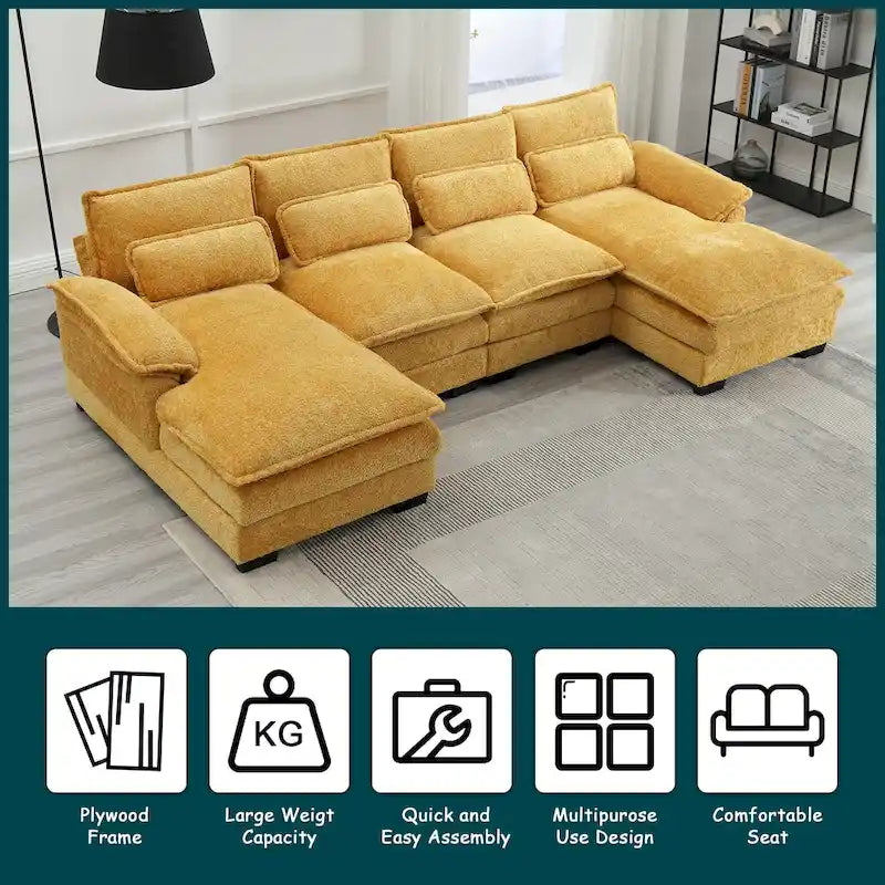 Modern Large chenille Fabric U-Shape Sectional Sofa with Ottomans, Reversible Sofa Couch for Living Room