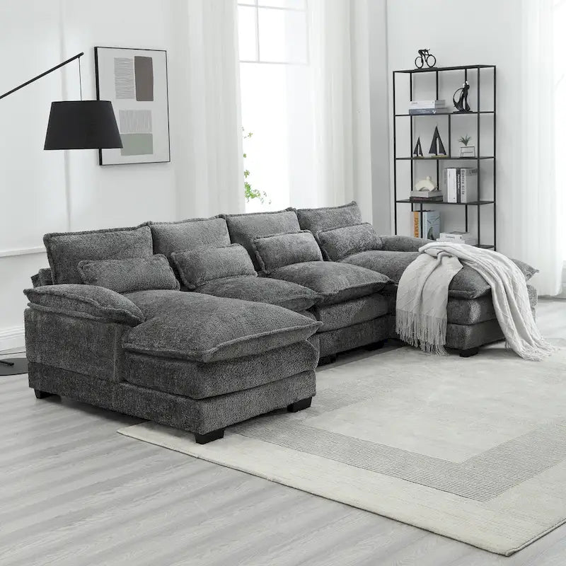 Modern Large chenille Fabric U-Shape Sectional Sofa with Ottomans, Reversible Sofa Couch for Living Room