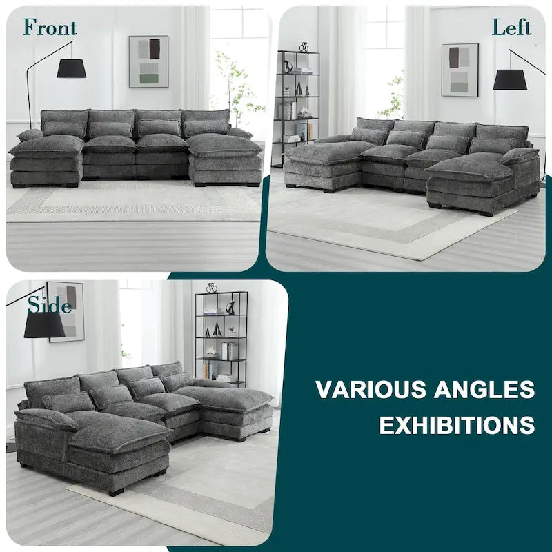 Modern Large chenille Fabric U-Shape Sectional Sofa with Ottomans, Reversible Sofa Couch for Living Room