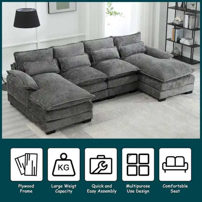 Modern Large chenille Fabric U-Shape Sectional Sofa with Ottomans, Reversible Sofa Couch for Living Room