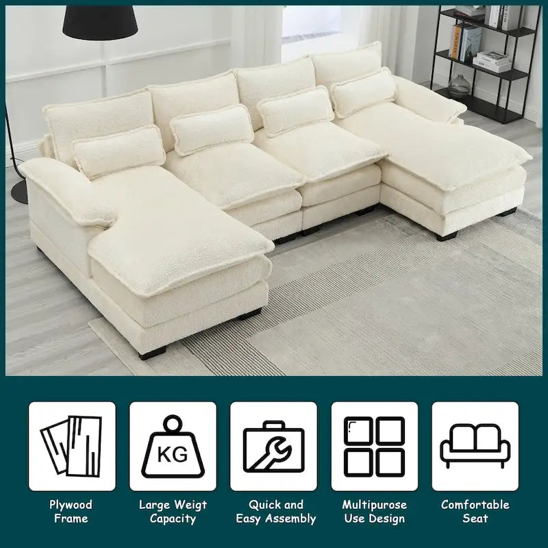 Modern Large chenille Fabric U-Shape Sectional Sofa with Ottomans, Reversible Sofa Couch for Living Room