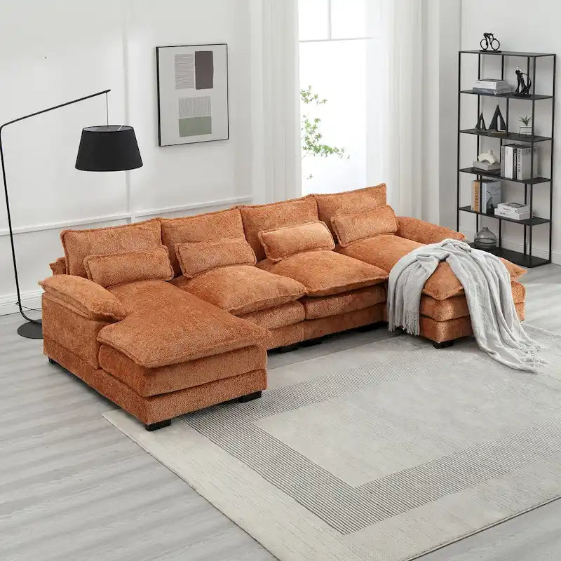 Modern Large chenille Fabric U-Shape Sectional Sofa with Ottomans, Reversible Sofa Couch for Living Room