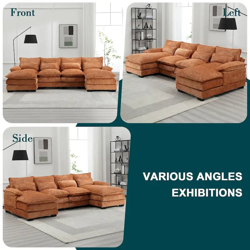 Modern Large chenille Fabric U-Shape Sectional Sofa with Ottomans, Reversible Sofa Couch for Living Room