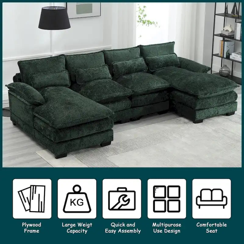 Modern Large chenille Fabric U-Shape Sectional Sofa with Ottomans, Reversible Sofa Couch for Living Room