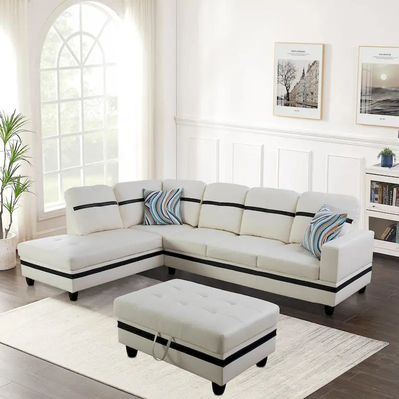 L-Shape Semi PU Leather Living Room Sofa Set with Ottoman,3-Piece
