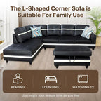 L-Shape Semi PU Leather Living Room Sofa Set with Ottoman,3-Piece