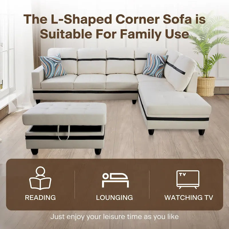 L-Shape Semi PU Leather Living Room Sofa Set with Ottoman,3-Piece