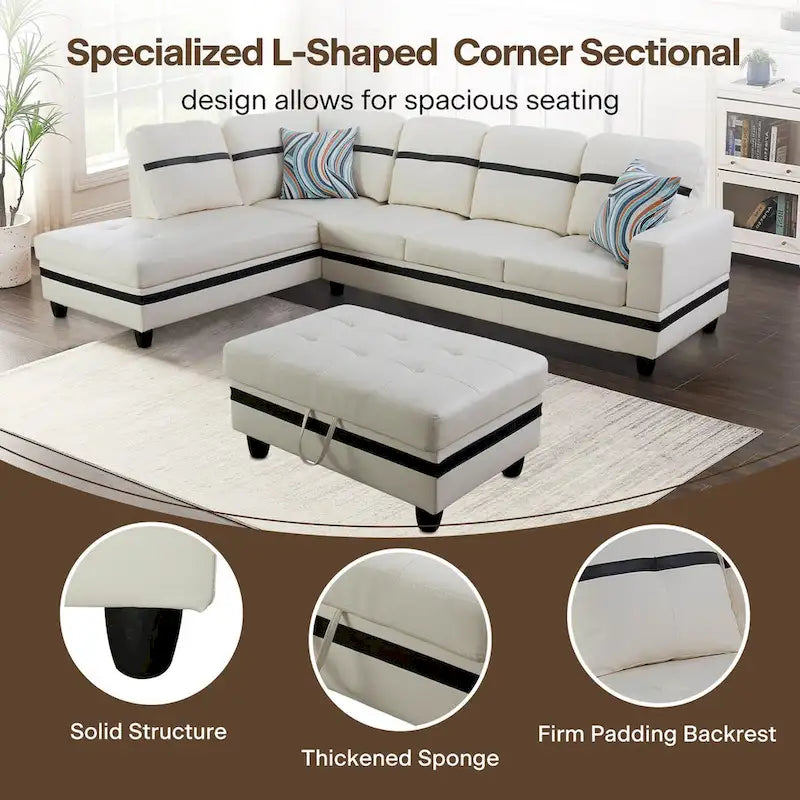 L-Shape Semi PU Leather Living Room Sofa Set with Ottoman,3-Piece