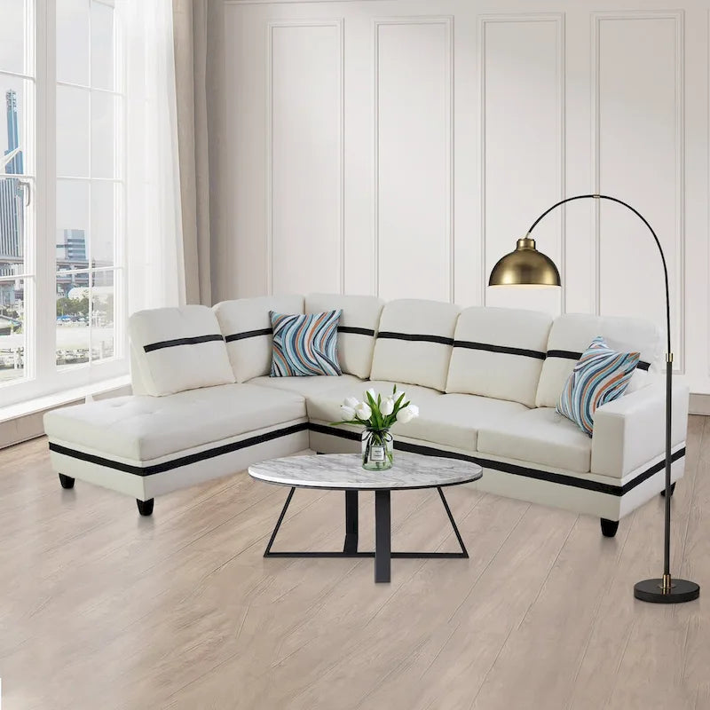 L-Shape Semi PU Leather Living Room Sofa Set with Ottoman,3-Piece