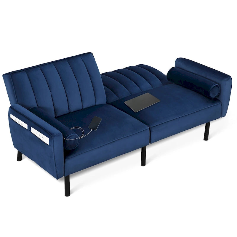 Velvet Futon Sofa Bed Convertible Sofa Couch with Adjustable Backrest, Daybed Guest Bed for Living Room - 2-Person